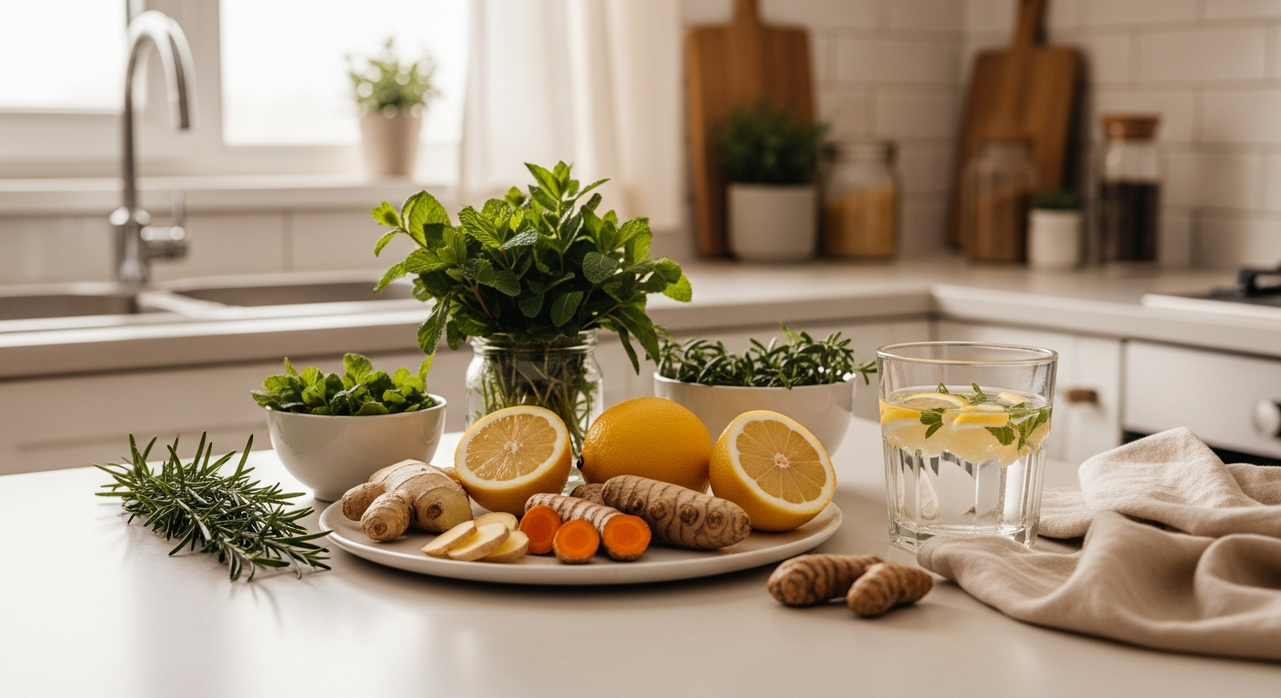 A bright kitchen counter with fresh herbs, ginger, turmeric, and infused water in morning light