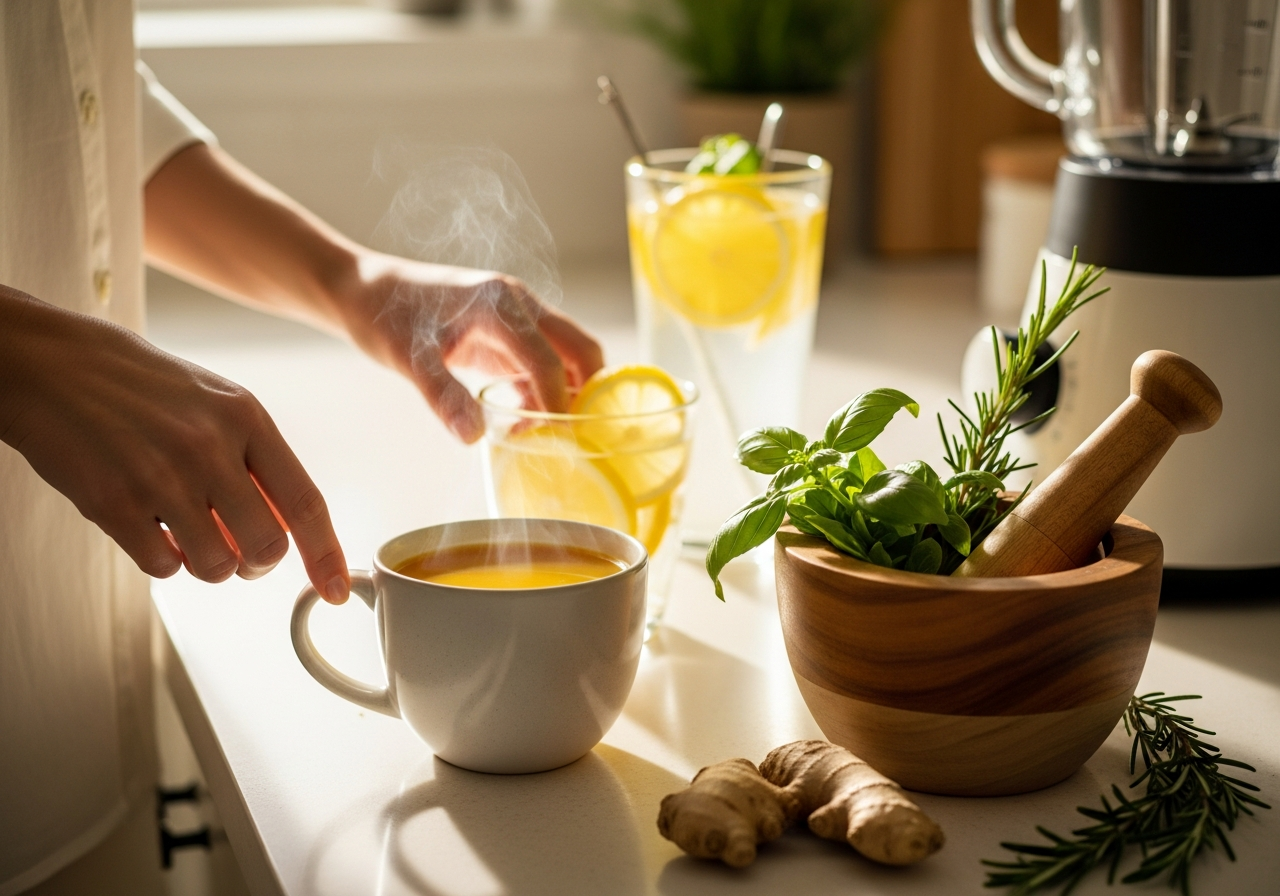 A warm kitchen counter with steaming turmeric tea, mortar and pestle with fresh herbs, and infused water in soft morning light