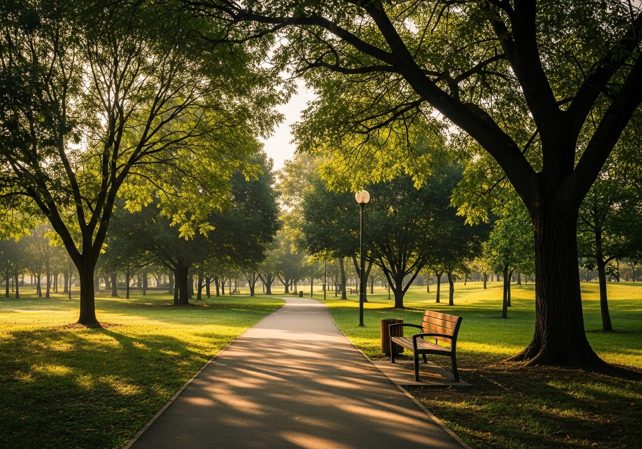 A peaceful walking path through a sunlit park with mature trees